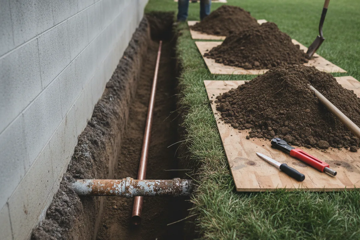 Excavated water line trench during Water Softener Installation in Linesville